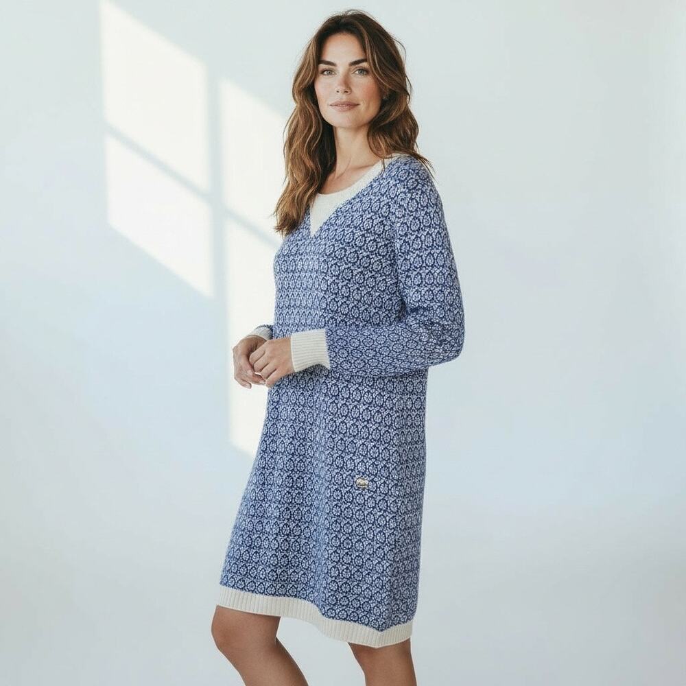CHANEL 100% Cashmere Knit Dress Blue White Pattern Long Sleeve IT 46